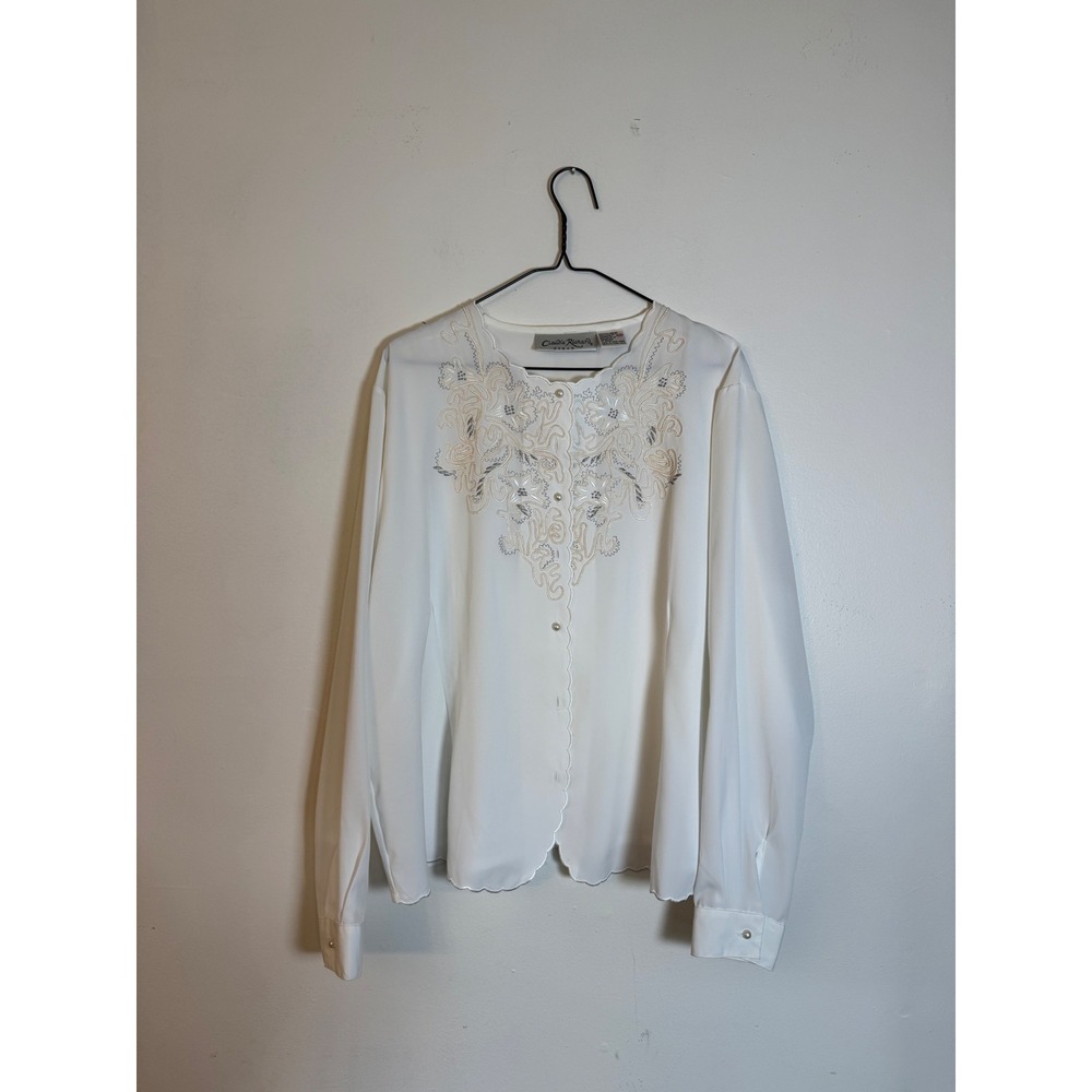 Vintage 90s Claudia Richard White Embroidered Scalloped Blouse Top 22W Plus Size